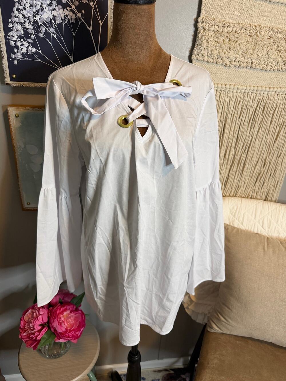NWT Michael Michael Kors White Lace-Up Bell Sleeve Top Size Medium
